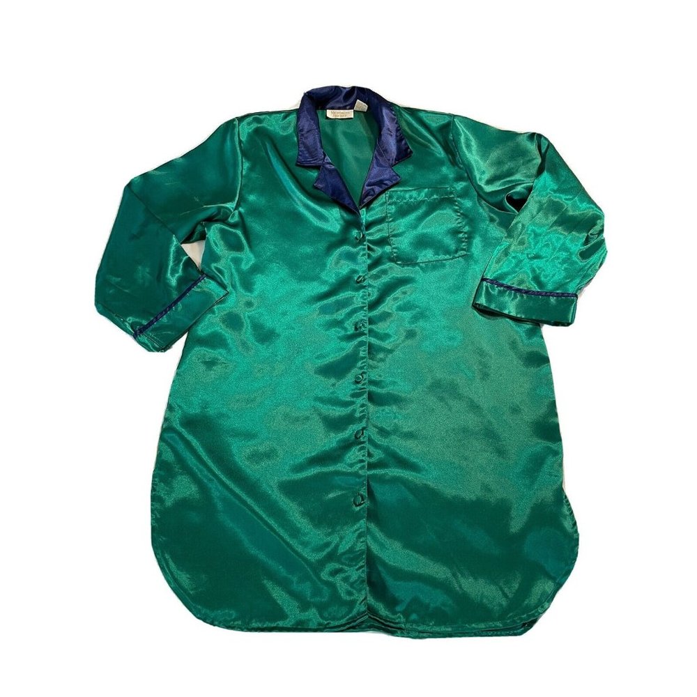 Victoria's Secret Gold Label Green Purple Satin Sleep Night Long Shirt M Vintage
